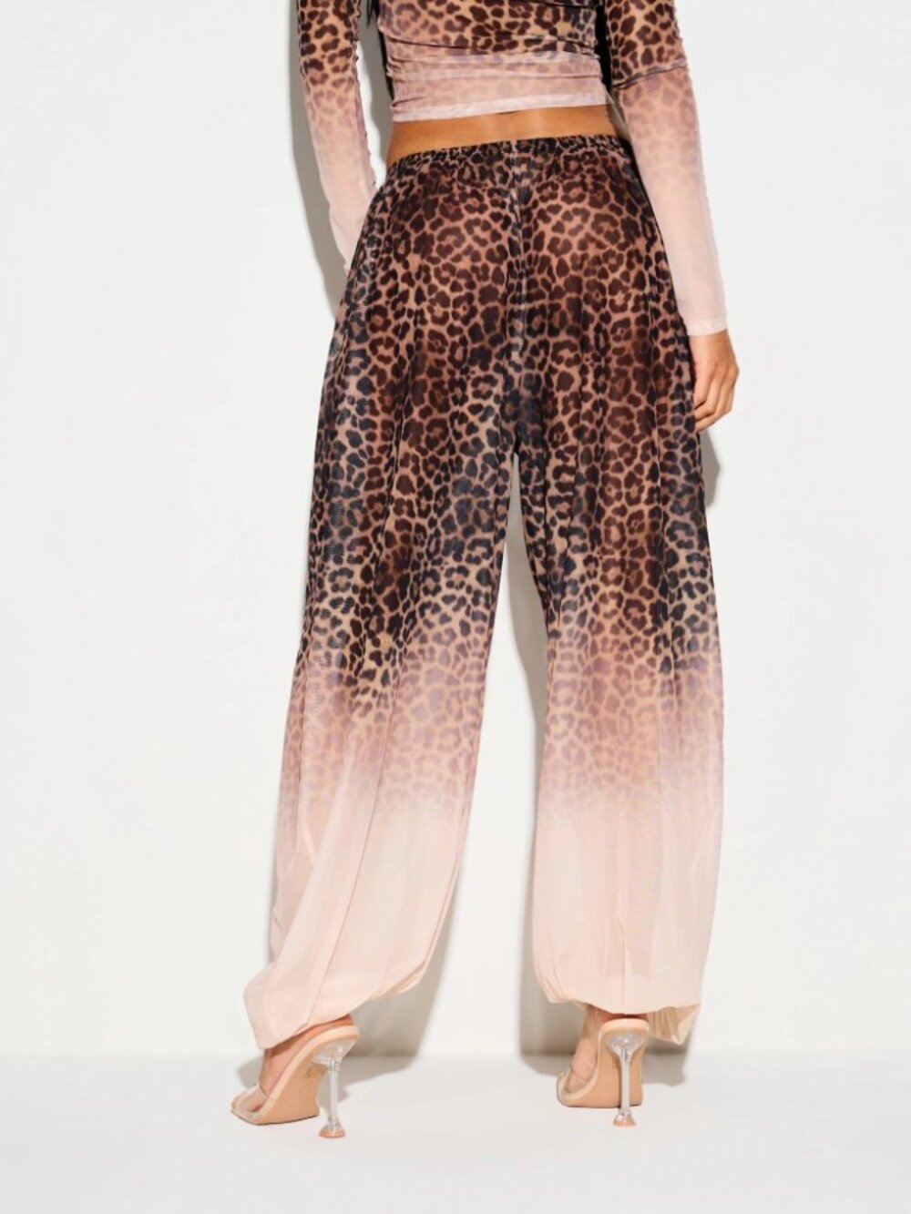 Tan Digital Leopard Print Sheer Wide Leg Pants - Ombre Fade - Picture 2 of 5
